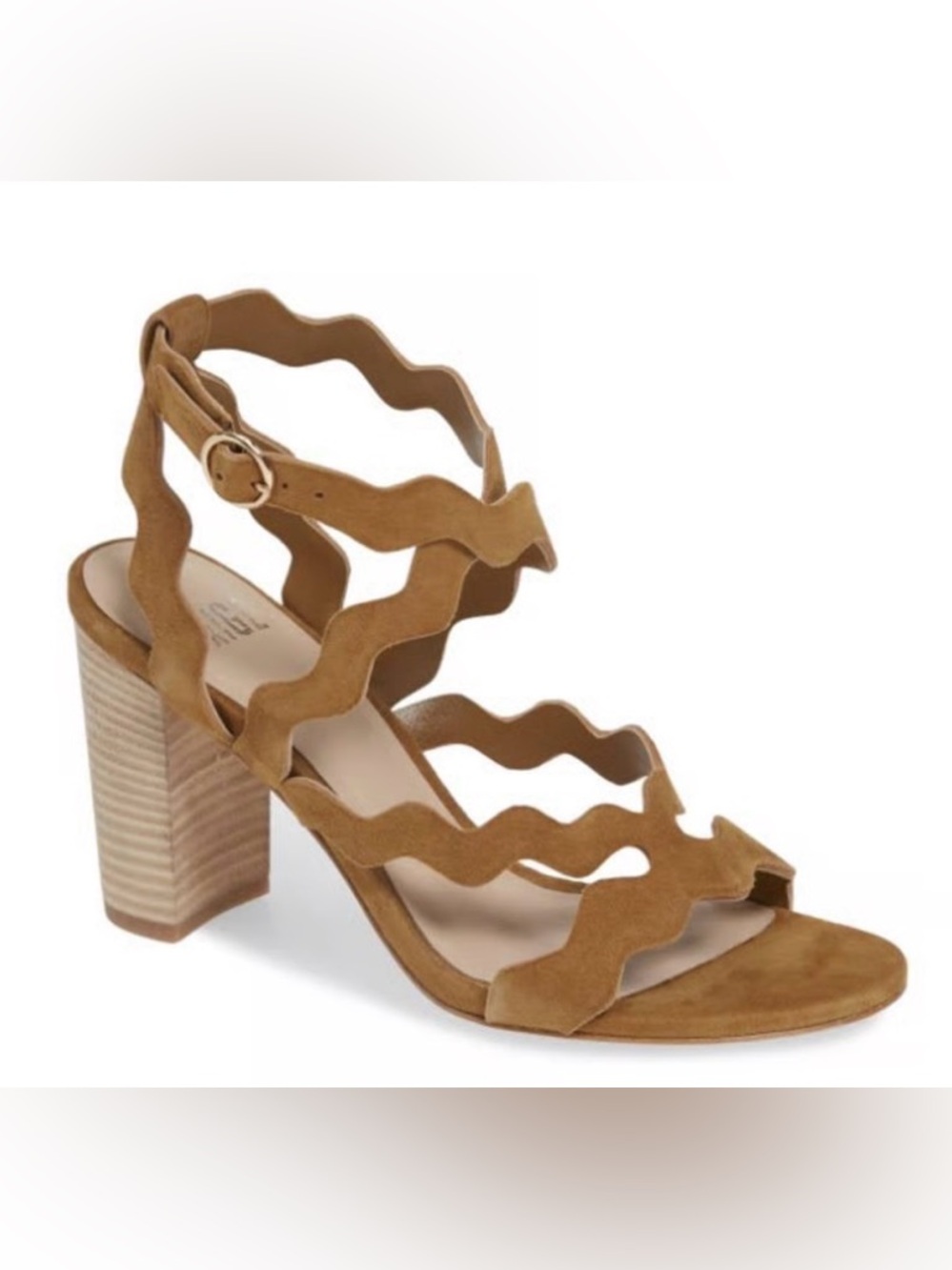 New Paige Sage Tan Suede Scalloped Heeled Sandals